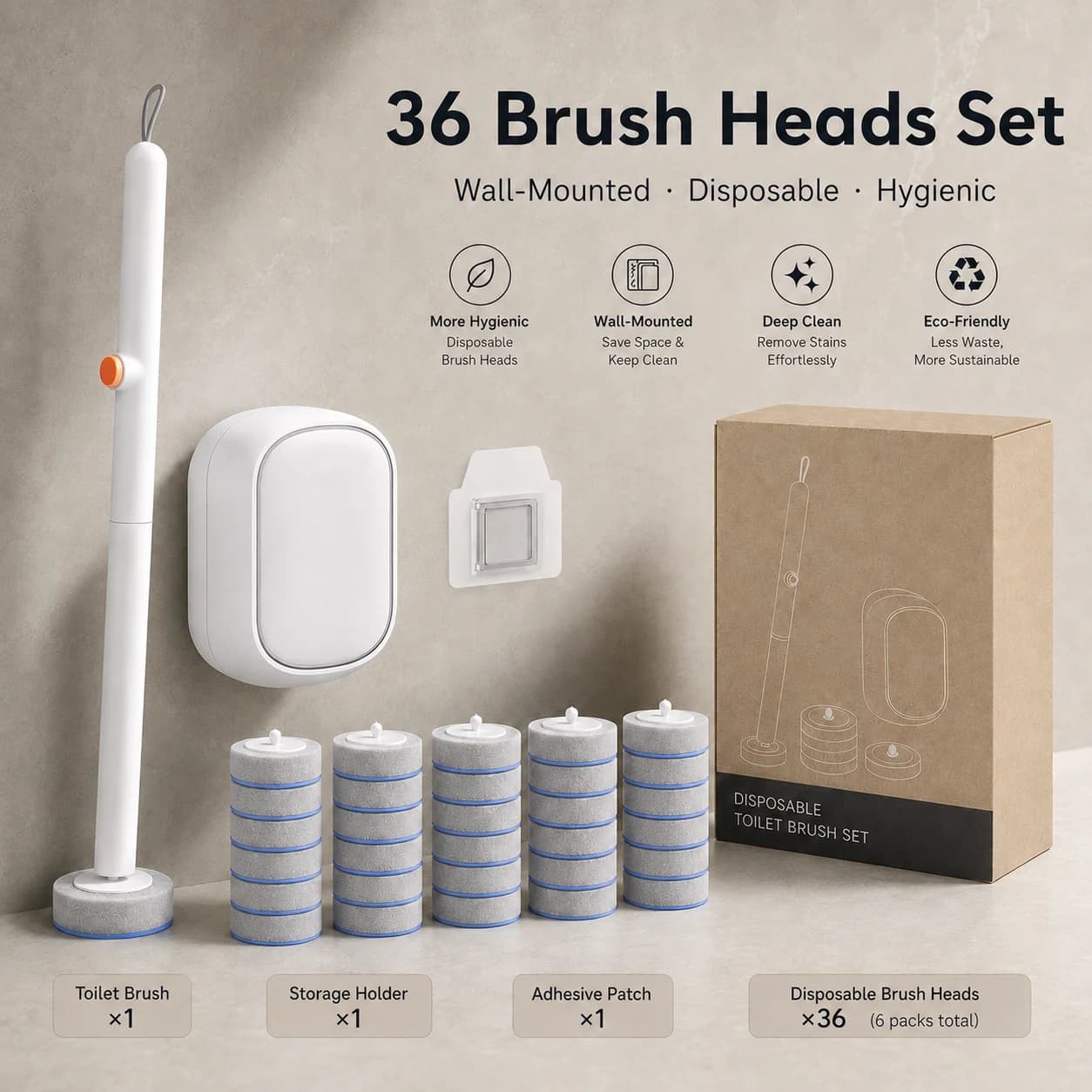 Joybos Wall-Mounted Disposable Toilet Brush with 36 Foaming Refill Heads, Auto-Open Holder, Long Handle Bathroom Toilet Cleaner，1set/2sets/3sets