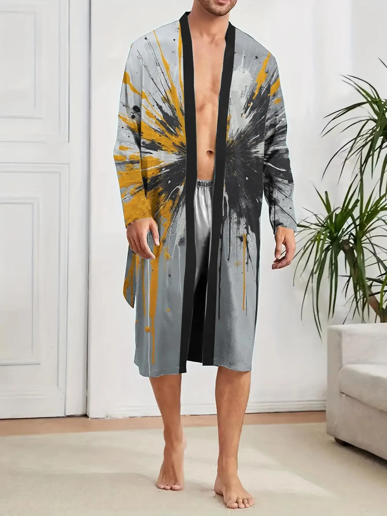 1 Pezzo Vestaglia da Uomo Primavera/Estate 2026, Camicia da Notte in Poliestere con Stampa 3D, Accappatoio Grafico per Uomo