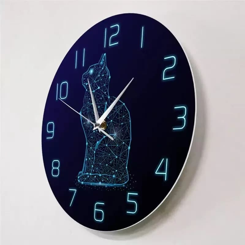 Abstract Geometric Cat Night Sky Blue Neon Line Art Wall Clock Silent Quartz Watch for Living Room Bedroom Home Decor