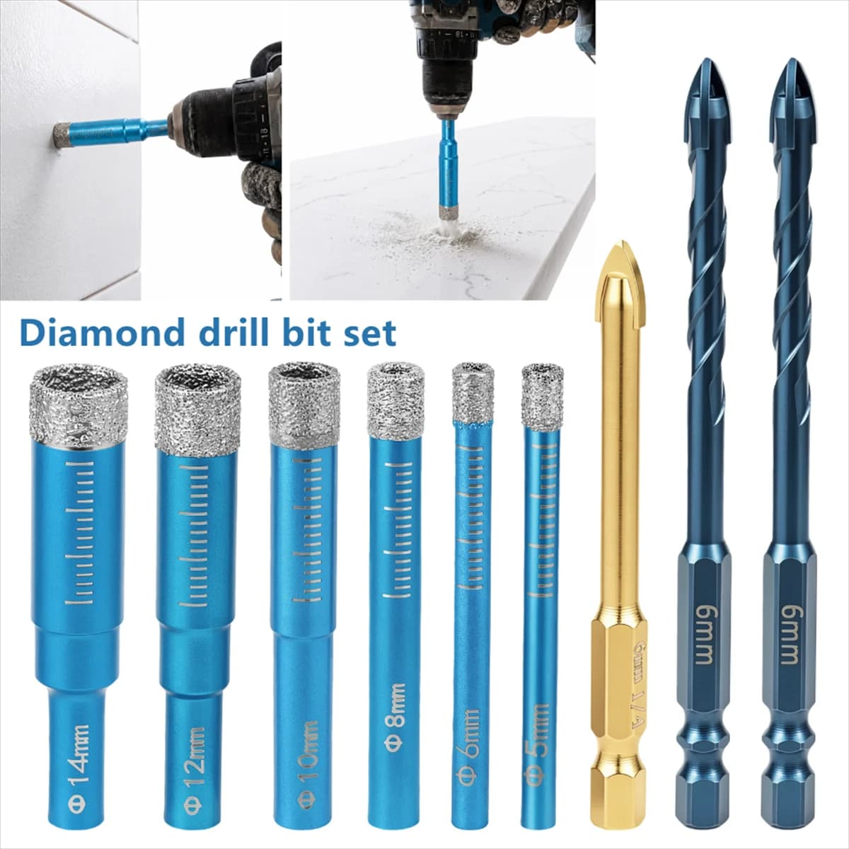 9Pcs Vacuum Brazed Diamond Drill Bit Set 5-14mm Dry Diamond Hole Saw Hex Shank Tile Glass Marble Ceramic Core Drill Bit Kit