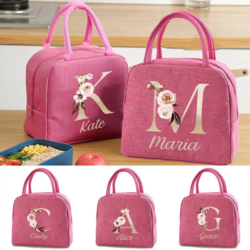 Borsa per il pranzo con nome personalizzato Bento Box Comoda borsa tote isolata Borsa per la conservazione della stampa di lettere dorate per la sicurezza alimentare con isolamento in tela