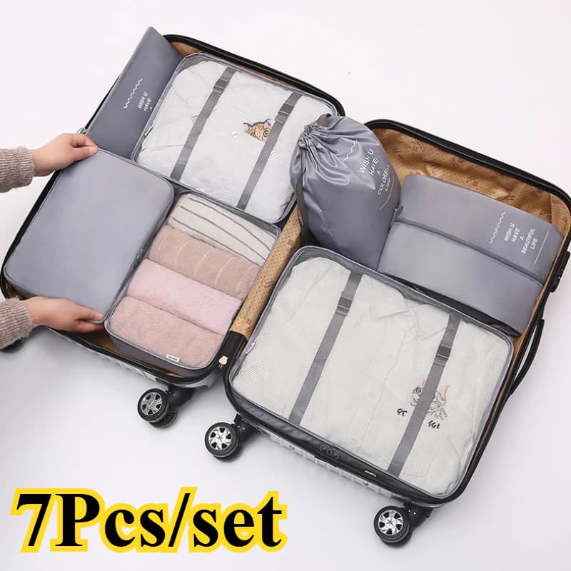 Set di 7 Borse Organizer da Viaggio per Valigie, Borse per Articoli da Toeletta, Scarpe, Vestiti e Biancheria Intima