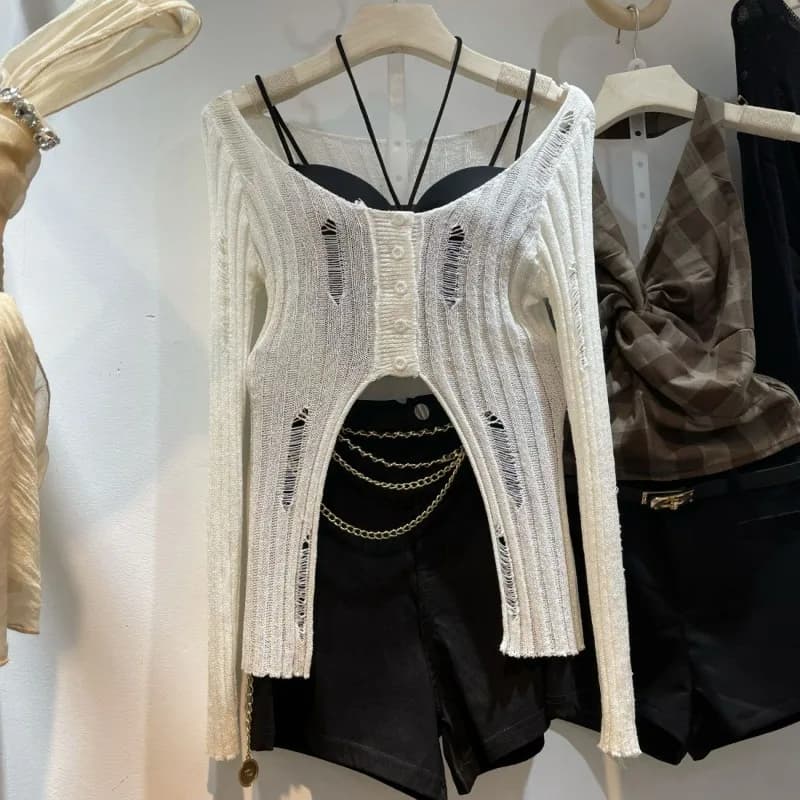 Scava fuori Spice Girl Cardigan lavorato a maglia a maniche lunghe in due pezzi Set da donna 2024 Summer New Niche Chic Split Top strappato