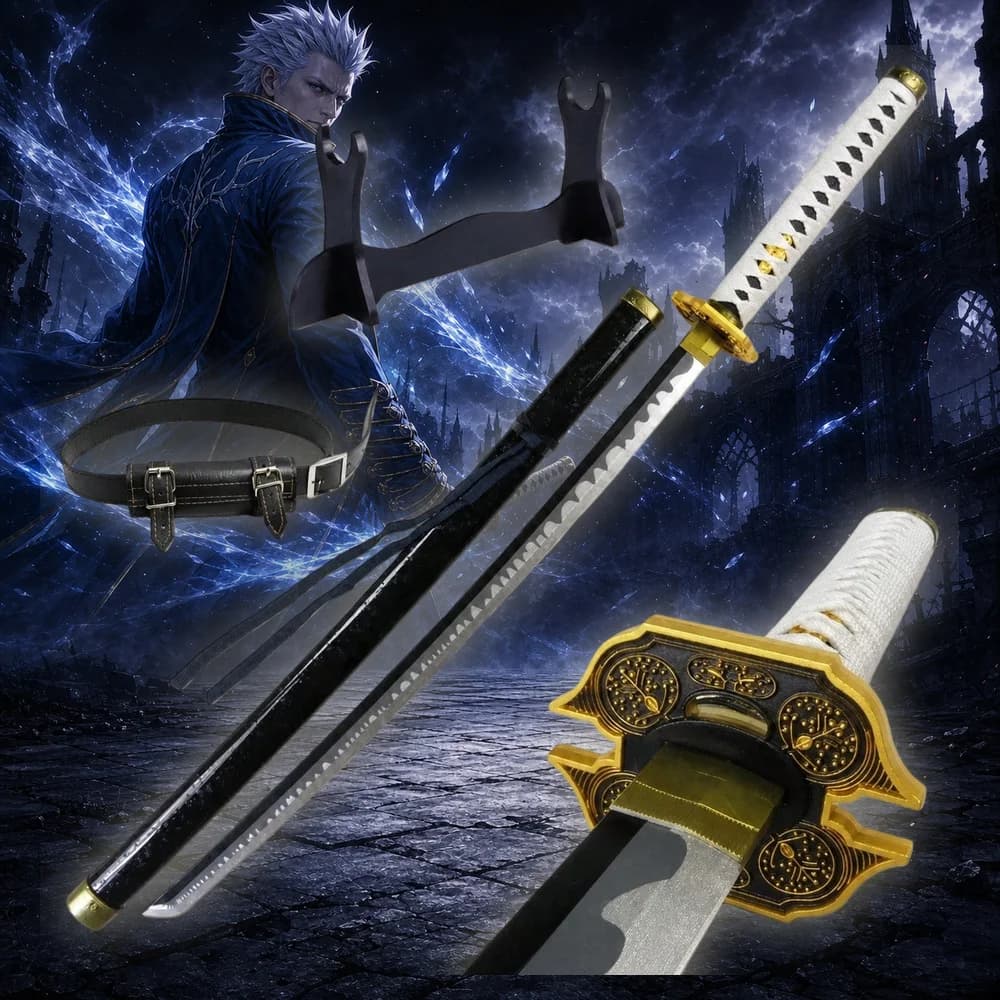 Katana da 40 pollici (101 cm) Devil May Cry Vergil Yamato, Lama in Legno di Bambù, Accessorio per Cosplay Anime, con Cintura, Fondina e Supporto, Katana Samurai Ninja, Spada in Legno, Sabre, Schwert, per Cosplay Manga e Giochi, Giocattolo, Regalo, Collezione, Esposizione, Set a Grandezza Naturale