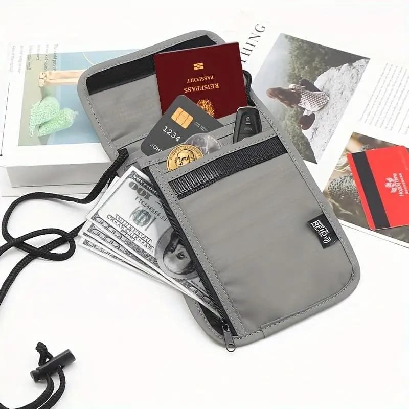 Borsa Impermeabile RFID in Nylon per Documenti di Viaggio, Portafoglio da Collo per Carte e Passaporto
