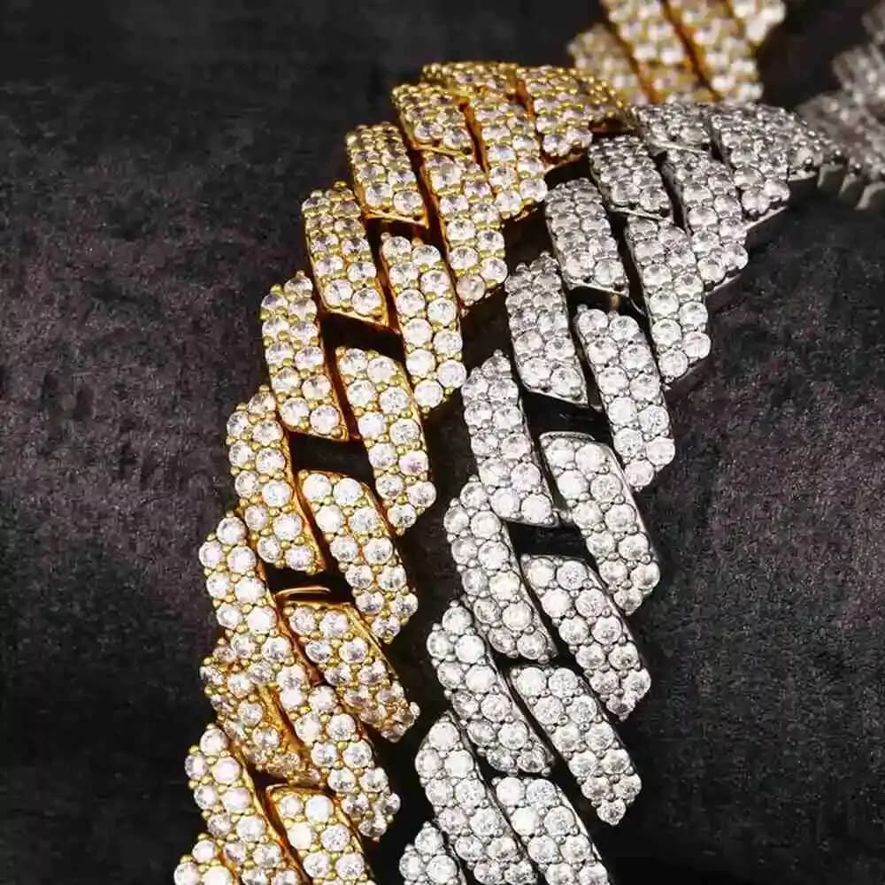 Luxury 925 Silver Vermeil Iced Out Diamonds Moissanite Necklace 20mm 2 Rows Prong Cuban Chain Necklace Bracelet Hip Hop Jewelry