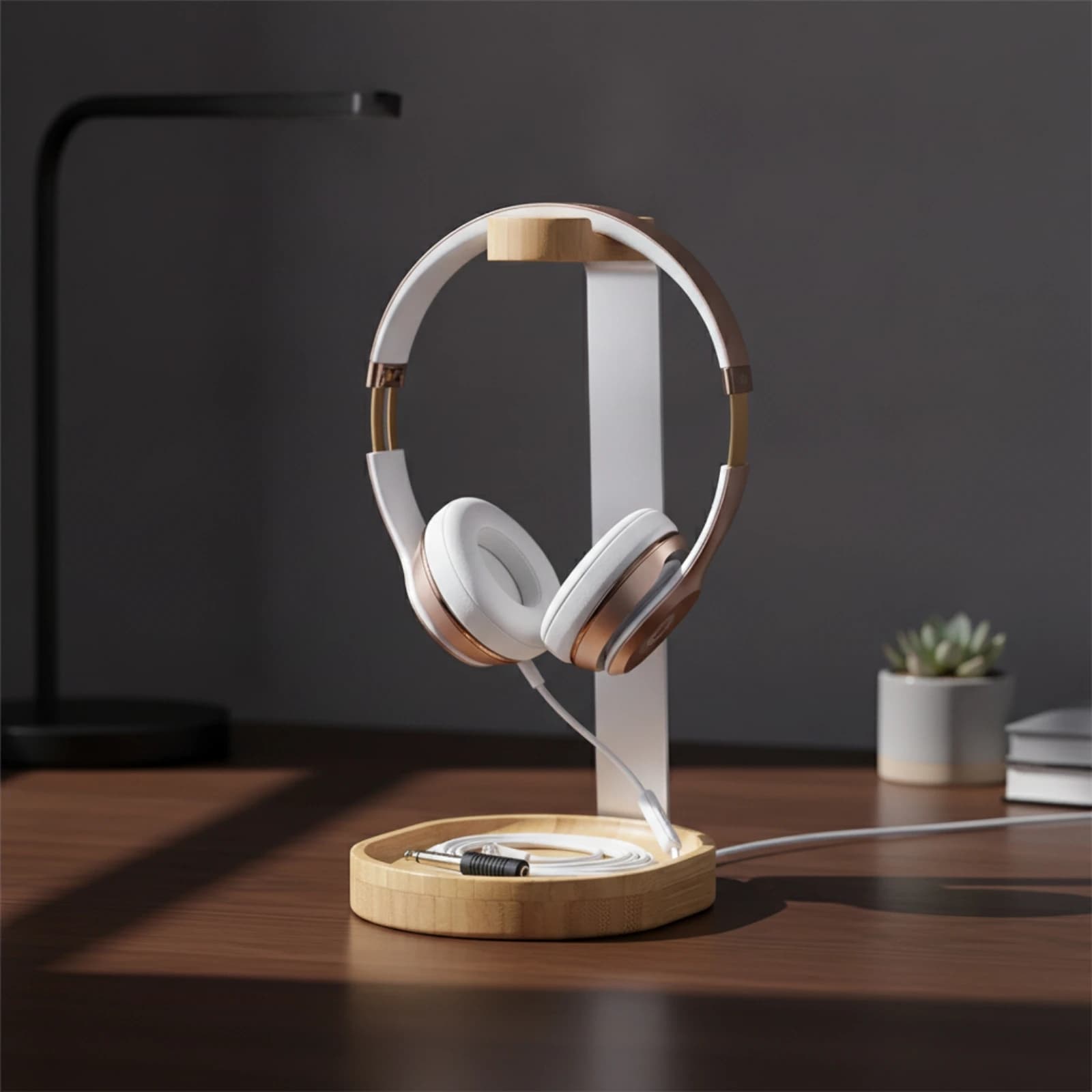 Headphone Stand with Wooden Base Desk Wood Headphone Stand Headset Holder with Storage Base Space-Saving Home for Professionals