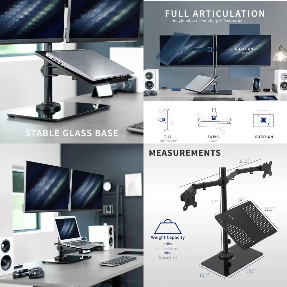 Supporto da tavolo combinato per monitor doppio computer e laptop indipendente con base in vetro, adatto a monitor fino a 32 pollici e laptop da 17 pollici,