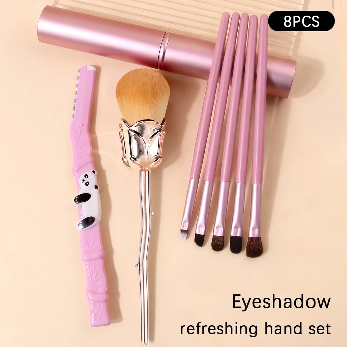 8 pennelli per cipria in polvere a forma di rosa e set di pennelli per trucco occhi multifunzionali, coltello per modellare le sopracciglia e secchio di stoccaggio portatile
