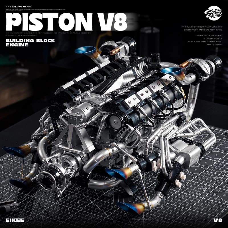 EIKEE Plated Silver Piston V8 Engine Blocks Movable V8 Mechanical Motor Model STEM Toy Gift For Car Fans Adult Collectors