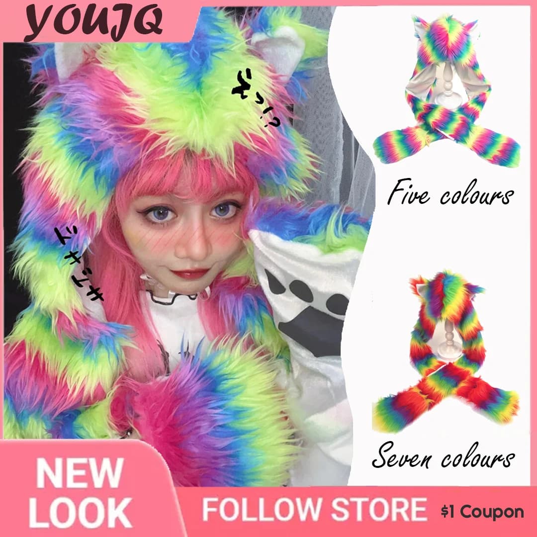 Y2K Millennial Hottie Japanese Harajuku Rainbow Fur Faux Fur Hooded Cat Ear sciarpa guanti Chapeus Feminino Gorros Invierno