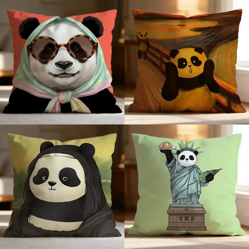 Fodera per cuscino con stampa panda creativa e alla moda, morbida e lavabile, multiuso per divano, letto, viaggi e ufficio