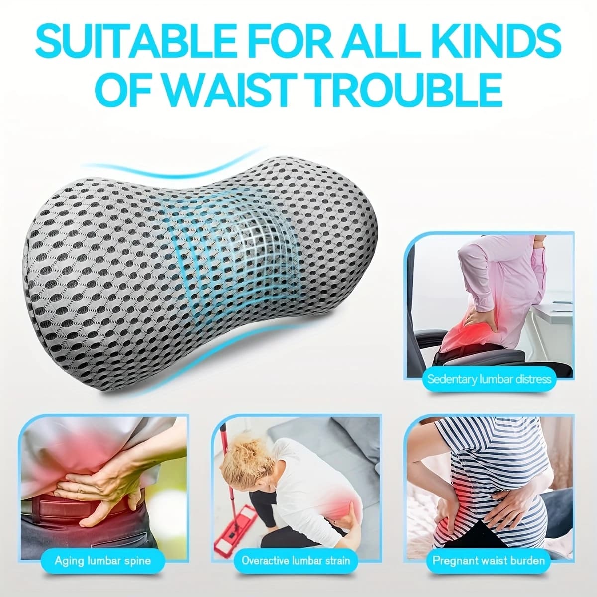 Ergonomic Memory Breathable Foam Lumbar Support Pillow 4D Mesh Back Cushion Multi for Pain Relief in Bed Office Chair Car Couch
