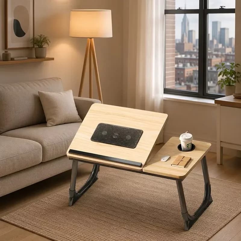 Foldable Wooden Laptop Desk with Dual USB Cooling Fans Adjustable Height Notebook Stand Non Slip Table Tray for Bed Sofa Dorm