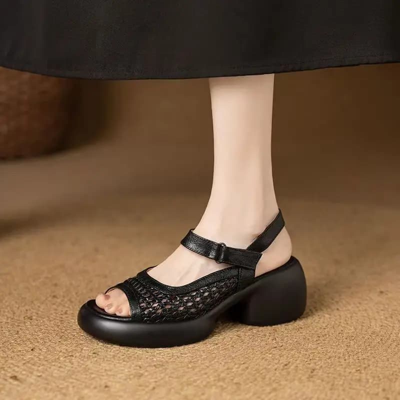 Sandali Donna in Pelle con Tacco Largo e Intaglio, Nuovi Sandali Estivi con Suola Spessa Antiscivolo Traspiranti con Velcro per Esterni e Spiaggia