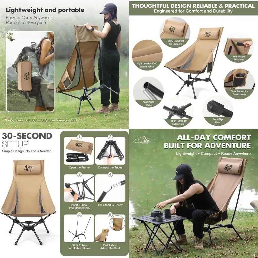 Sedia da campeggio leggera e portatile con schienale alto, cuscino, portabicchieri e borsa per il trasporto, supporta fino a 170 kg per avventure all'aperto