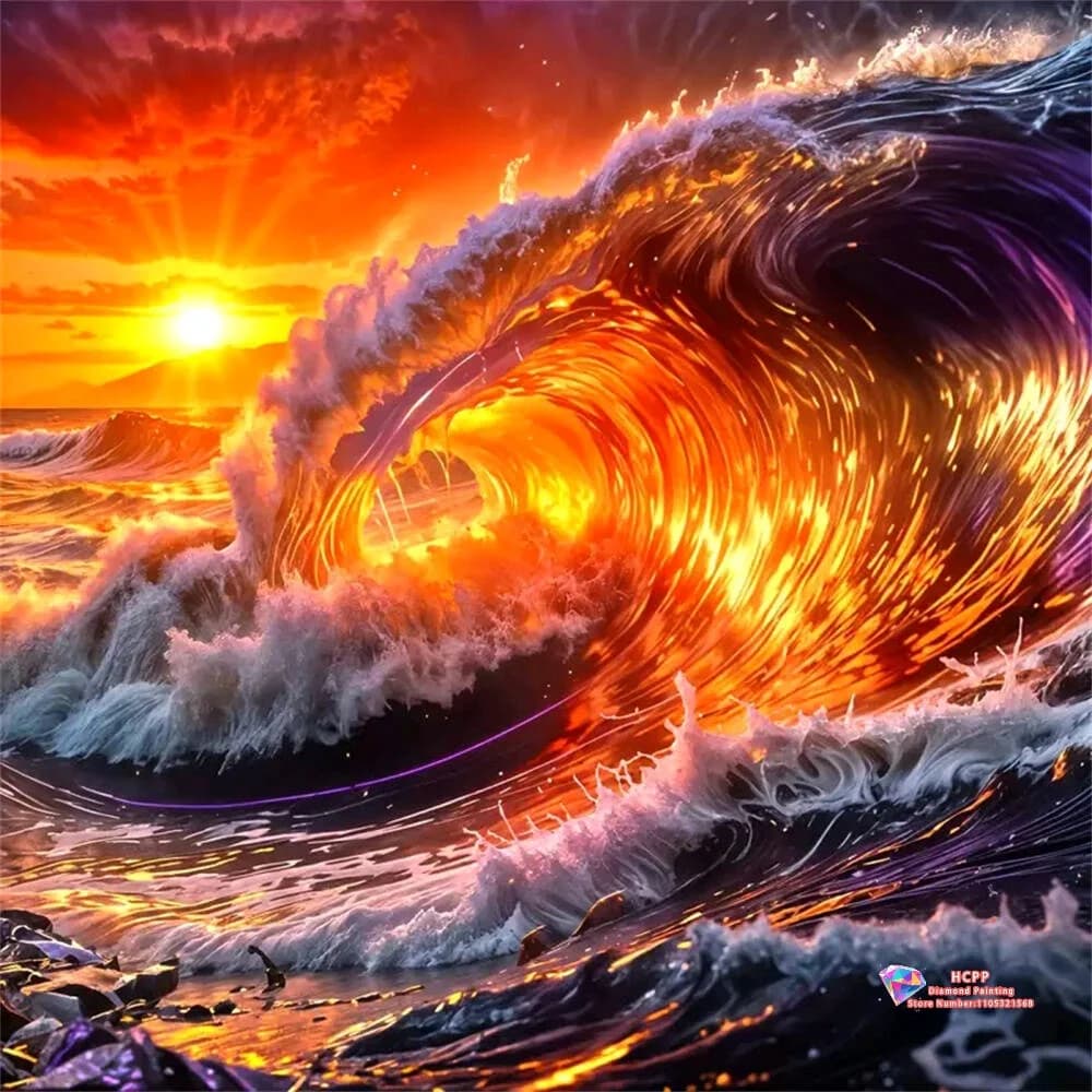 Set di Pittura Diamante 5D Fai-da-Te con Onde Oceaniche Fiammeggianti al Tramonto, Diamanti Quadrati e Rotondi, Regalo Artigianale