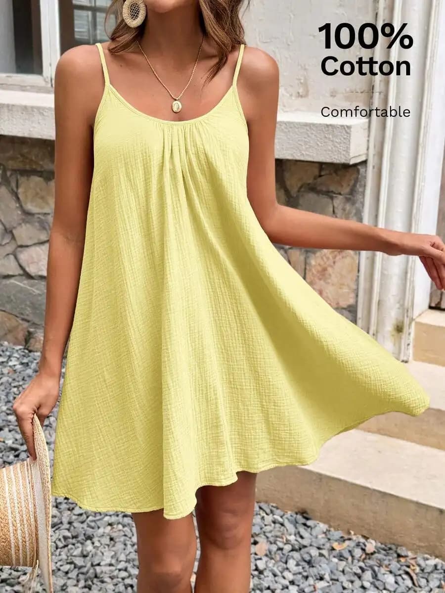 Women Solid Color Cotton Spaghetti Strap A-Line Mini Dress Casual Summer Beach Style