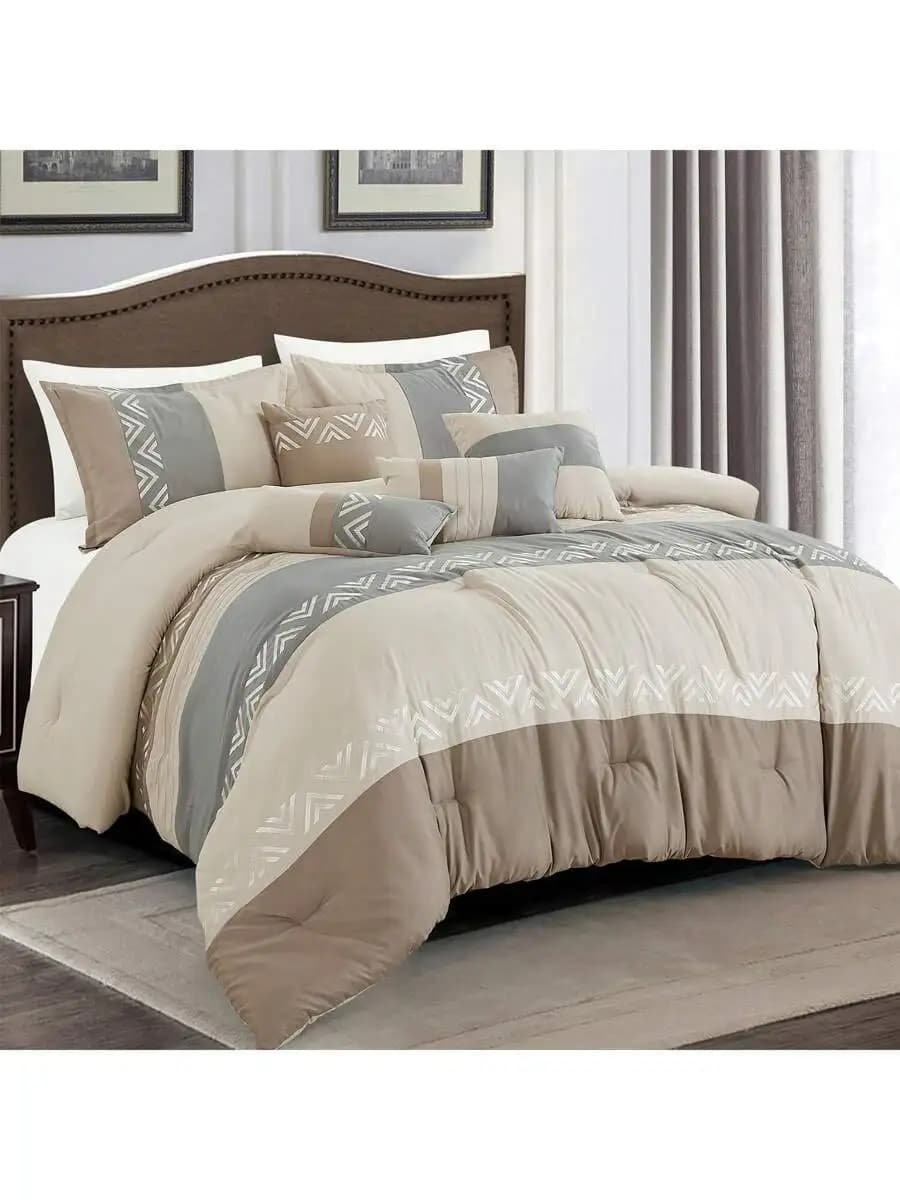 Set di Biancheria da Letto con 7 Pezzi Ricamati a Motivi Geometrici, Grigio Tortora, Set di Cuscini Decorativi Moderni