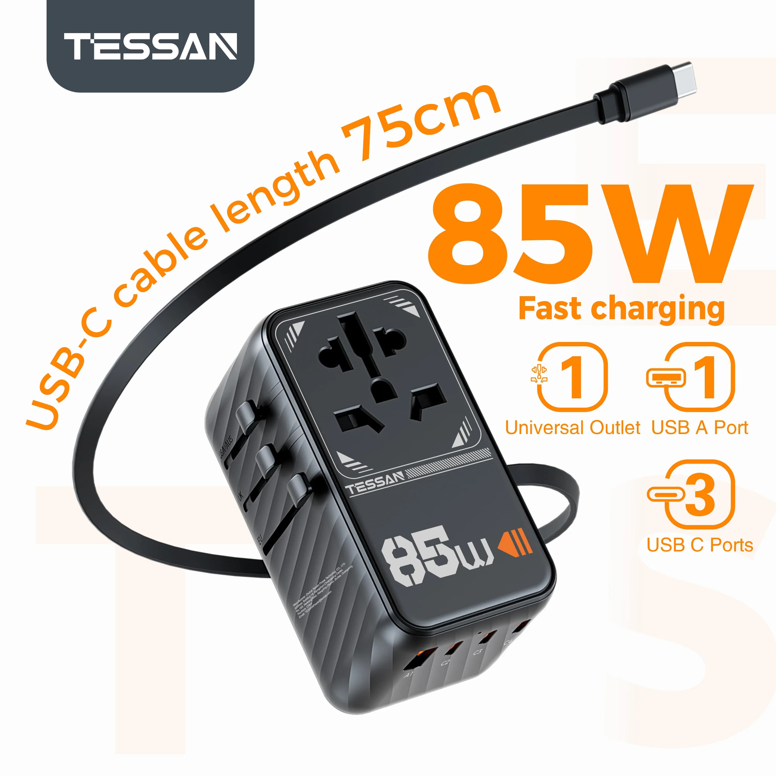 TESSAN 85W GaN Adattatore da Viaggio Universale con 1 USB 3 Tipo C 1 Cavo USB C Caricatore da Parete con Spina Internazionale per Viaggi USA EU UK AU