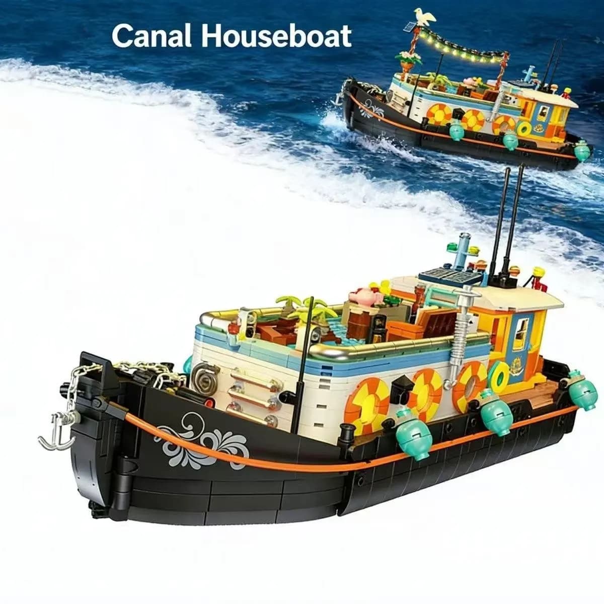 NUOVO Puzzle Artigianale Street View con Yacht e Casa Galleggiante, Blocchi da Costruzione Fai-da-Te con Luci, Regalo, Nuovo Prodotto