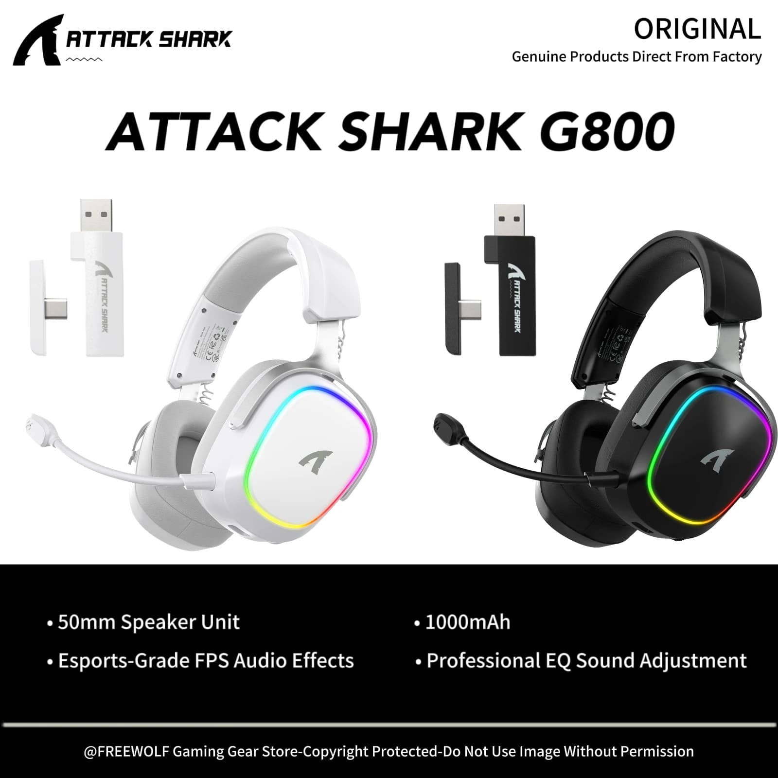 Cuffie da Gaming G800 RGB, Bassa Latenza 20ms, Driver da 50mm, Design con Telaio in Lega di Alluminio, Microfoni Staccabili, Nero e Bianco