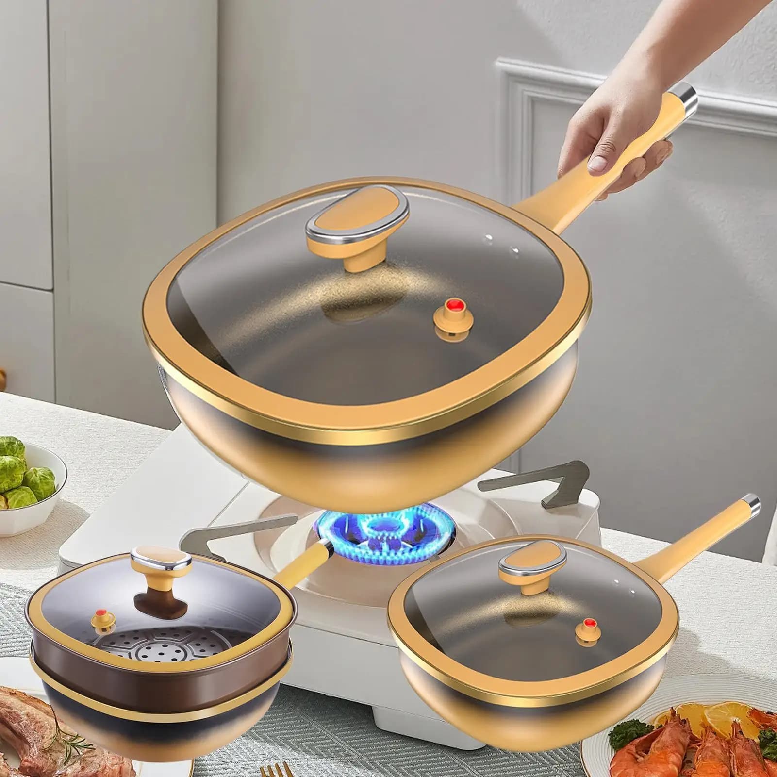 12 inch titanium alloy non-stick pen with lid Non-coated pentula Egg steak Deep pots Kitchen pot accessories