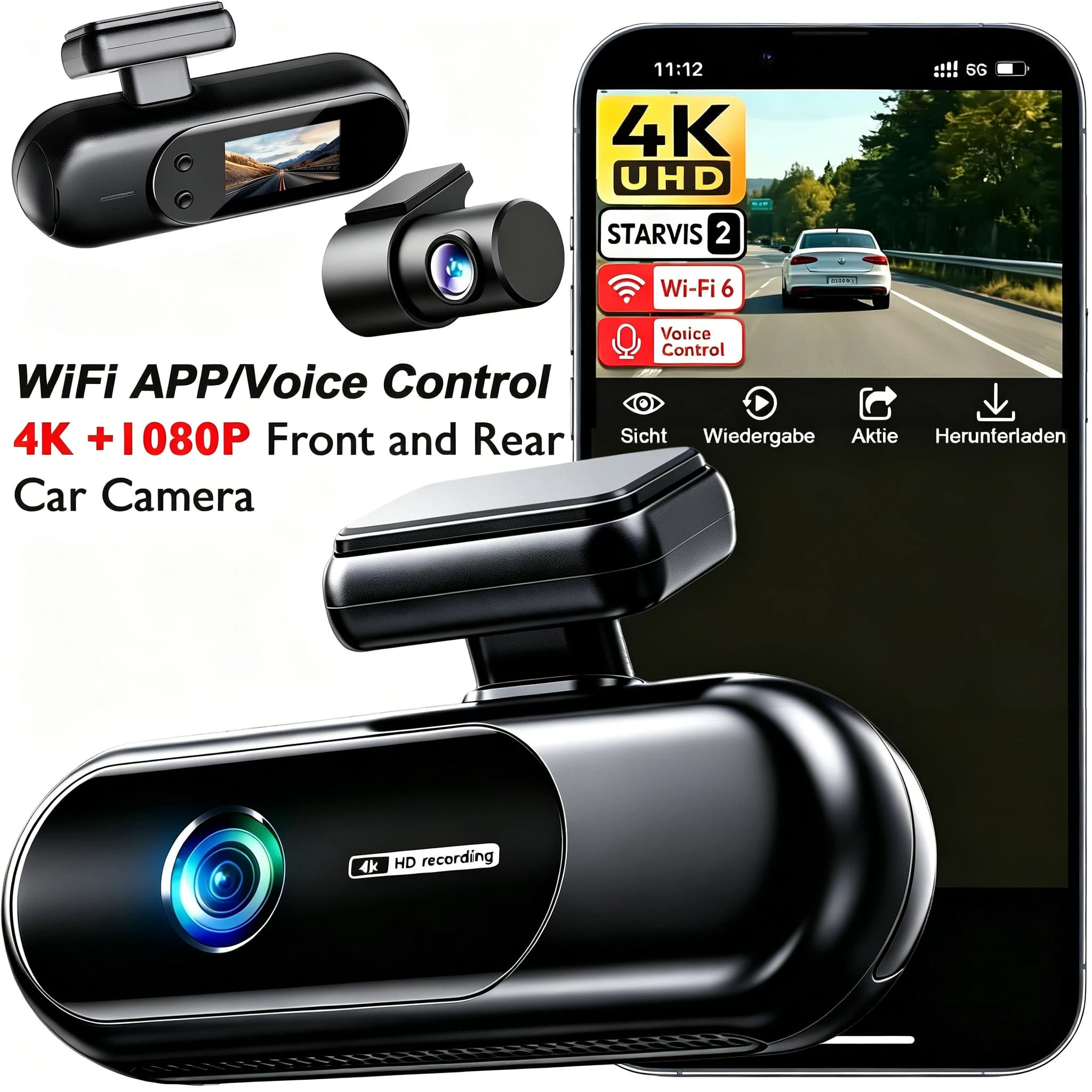 Dash Cam WiFi 4K in Double lens, DVR for Car with Night Vision Front and Back, Video Recorder for Vehicles with Parking Function 24H
