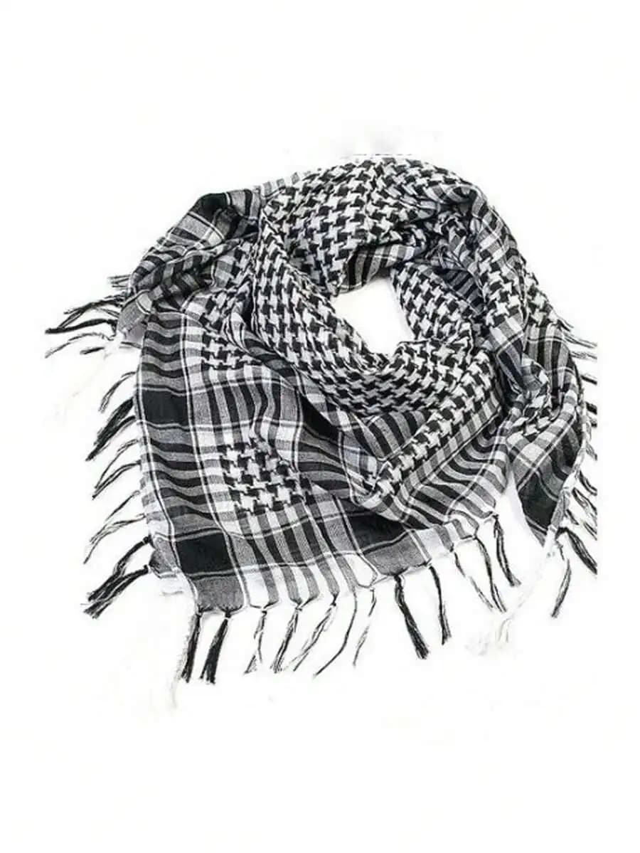 Classic Black And White Plaid Scarf With Tassels, Arabic Style Shawl For Daily Outdoor Wear