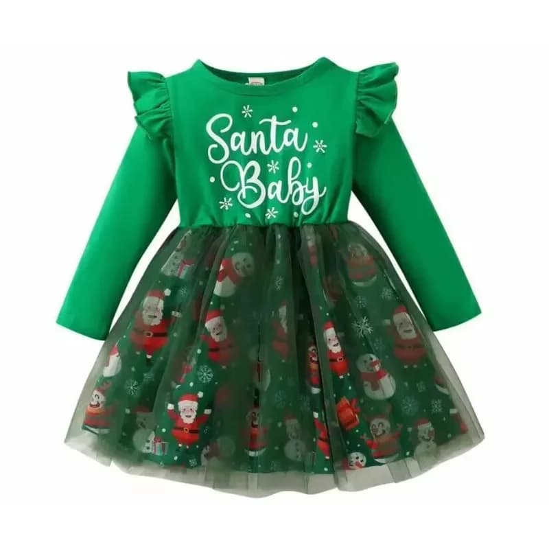 Santa Claus Christmas Long Sleeve Autumn Letter Prints Splicing Tulle Dresses Girls Red Green T Shirt Dress for Kids