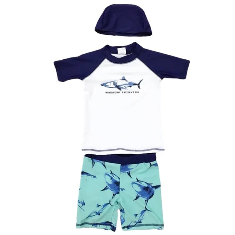 Set of 3 pieces for newborn theme shark cartoon, new summer bathing suit in two pieces with bathroom head for fun in the pool and beach