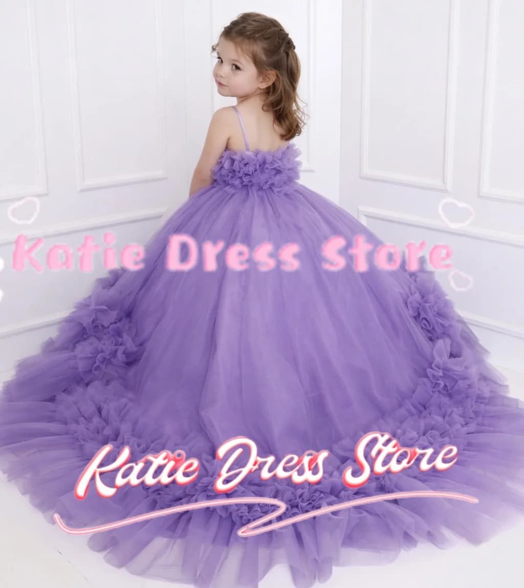 Abito da Damigella Personalizzato Viola in Tulle, Elegante e Senza Maniche, per Matrimoni, Feste di Compleanno, Prima Comunione e Balli