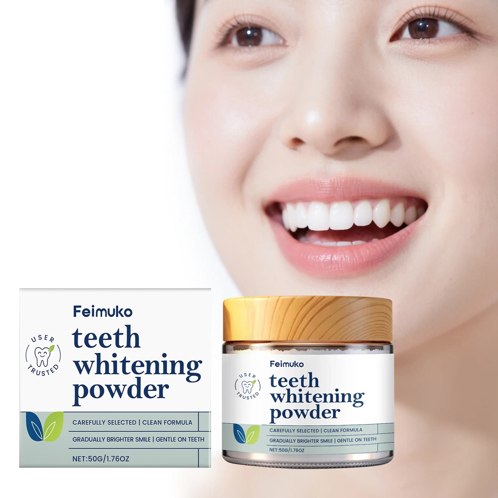 Feimuko 50g Polvere per Cura Dentale, Rimozione Delicata delle Macchie, Cura dei Denti, Rinfrescante per l'Alito, Esaltatore di Lucentezza