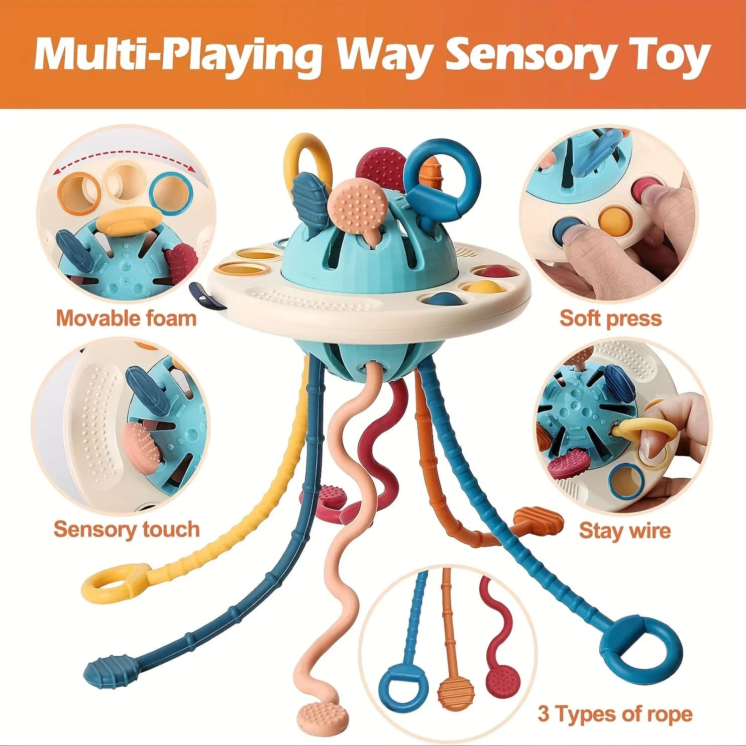UFO Silicone alimentare Push & Pull String Activity Toy Montessori Giocattoli sensoriali per i più piccoli 6-18M+,, Fidget Travel Toys