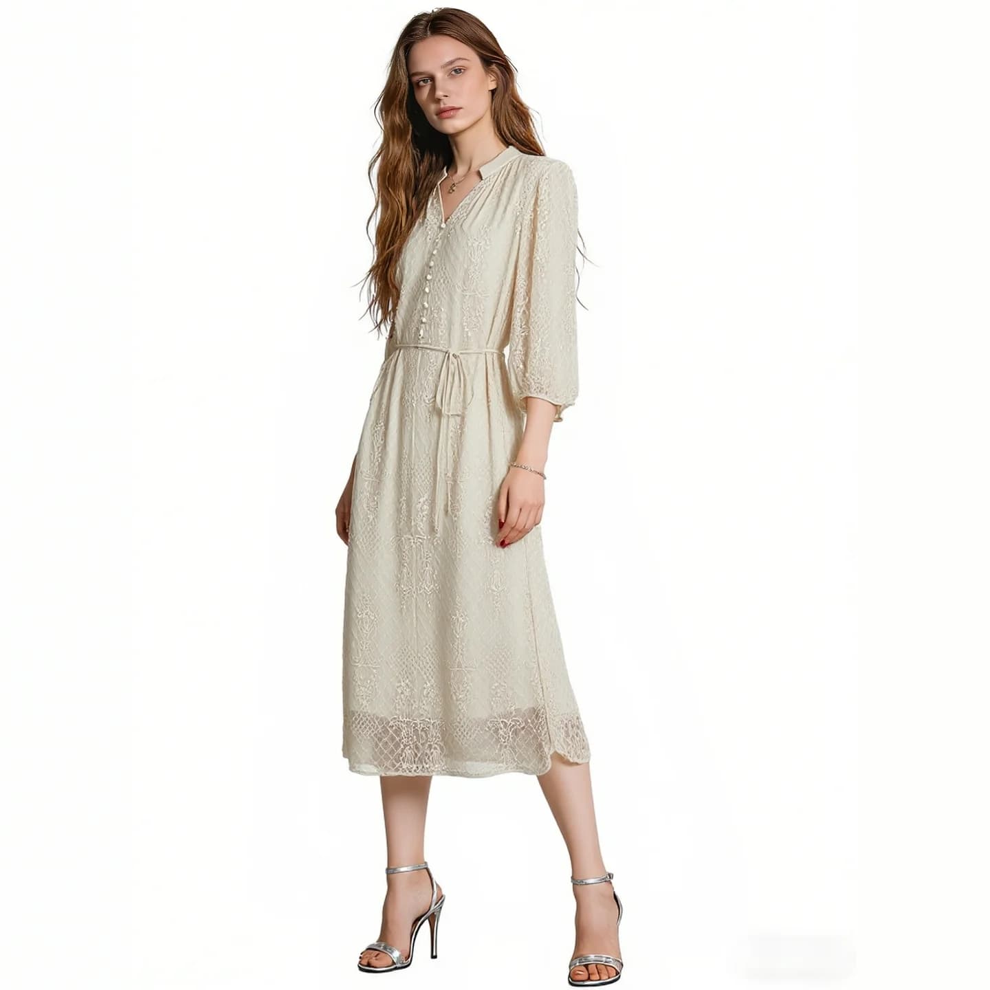 Abito Midi in Pizzo con Scollo a V Color Albicocca 2026 - Vestito Elegante Casual da Festa per Donna con Maniche a 3/4 e Cintura Annodata