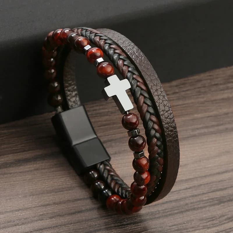 Prayer Men Natural Stone Beads Rosary Cross Bracelets Multilayer Leather Bracelet Women Yoga Meditation Jewelry Homme Pulsera