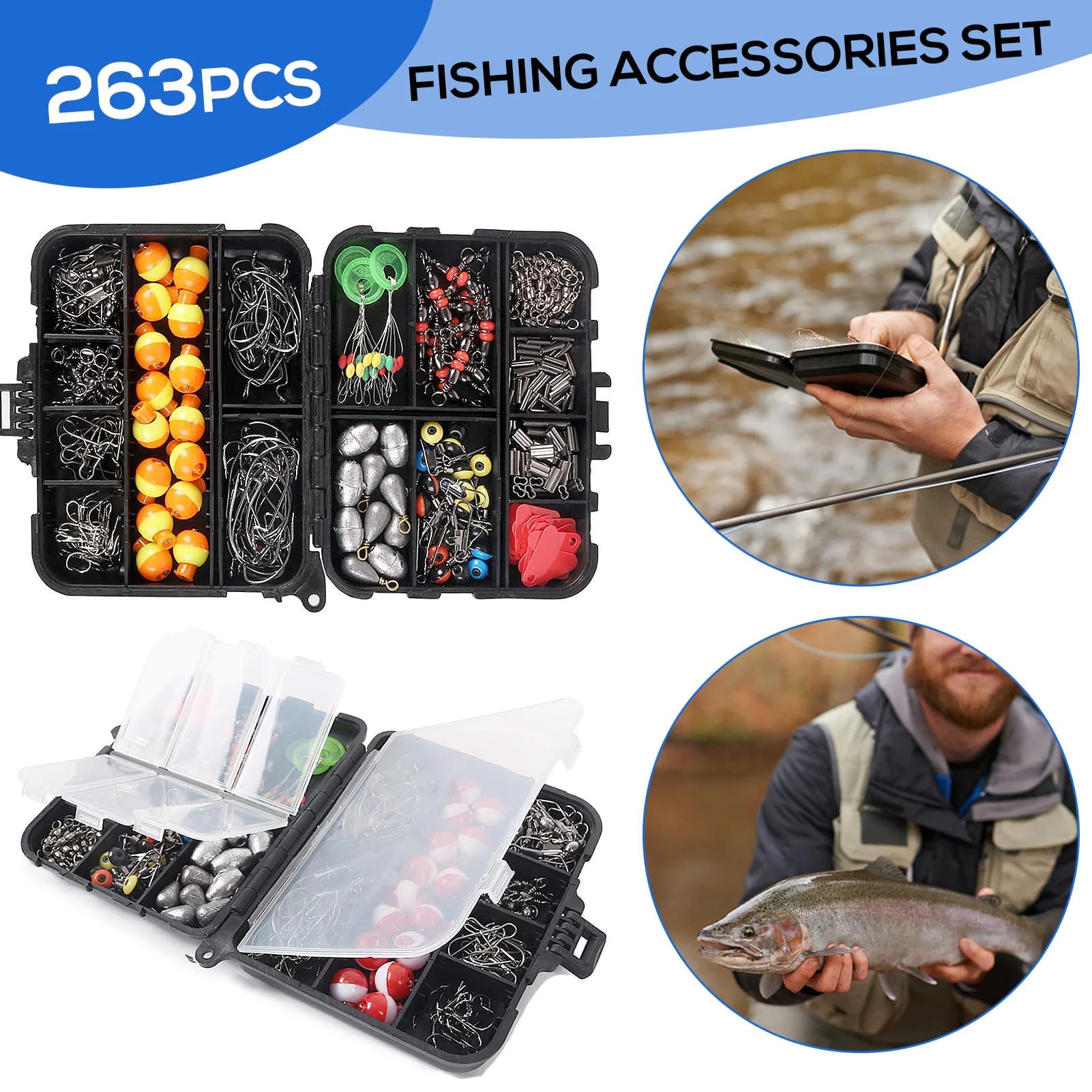 NUOVO 263 pezzi scivoli da pesca set di accessori per la pesca con scatola per attrezzatura inclusa pinza ganci per jig zavorra girelle per pesi scatta zavorra