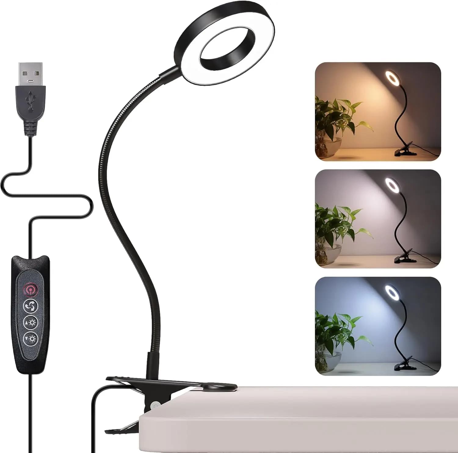 Lampada da scrivania USB a 48 LED, 3 colori, 10 livelli di luminosità, 360° ° Luce a clip flessibile con collo di cigno, per lettura, trucco e lavoro, con protezione per gli occhi