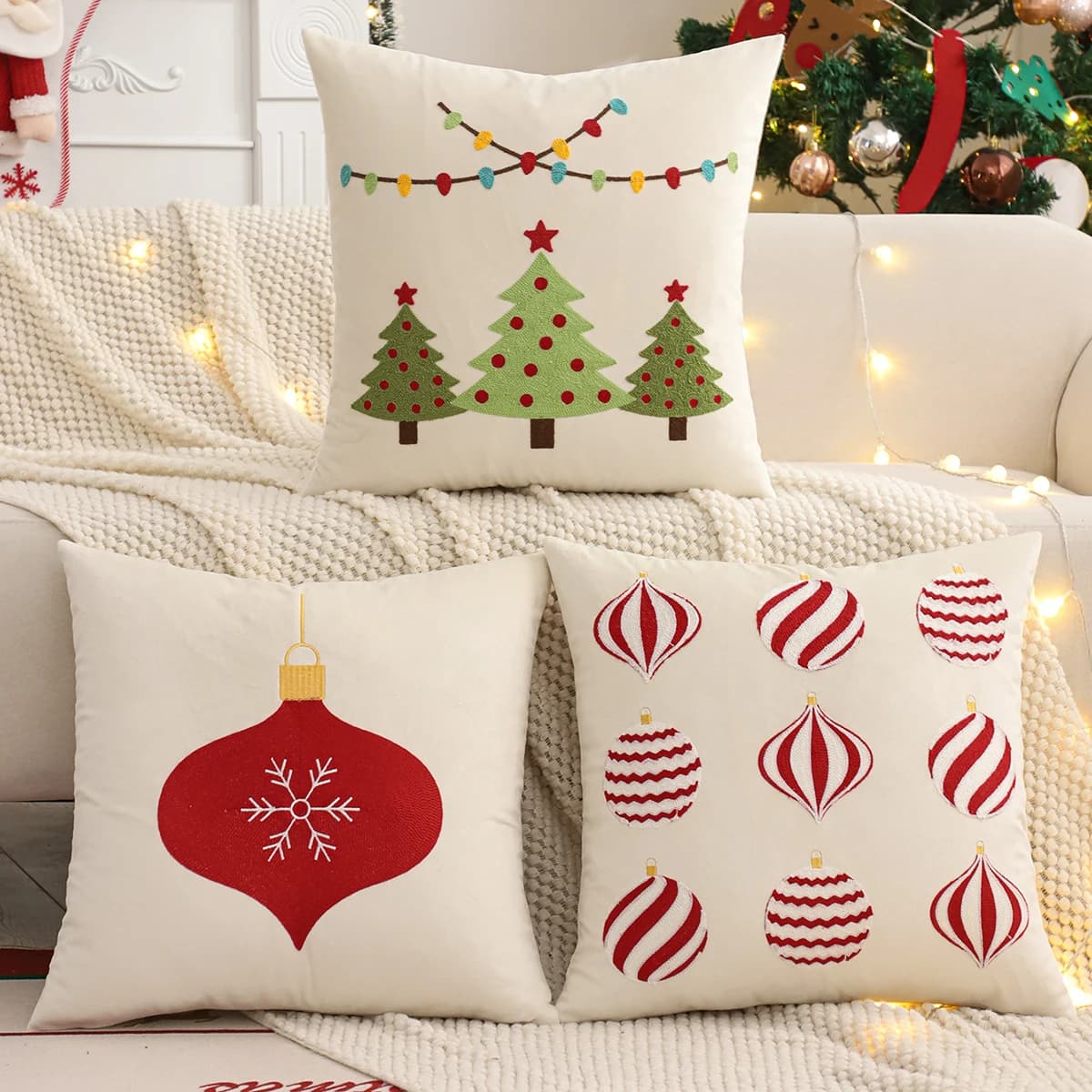 Embroidery Throw Pillow Cover Christmas Decoration Velvet Soft Christmas Tree Bell Winter Farmhouse Home Sofa Living Room
