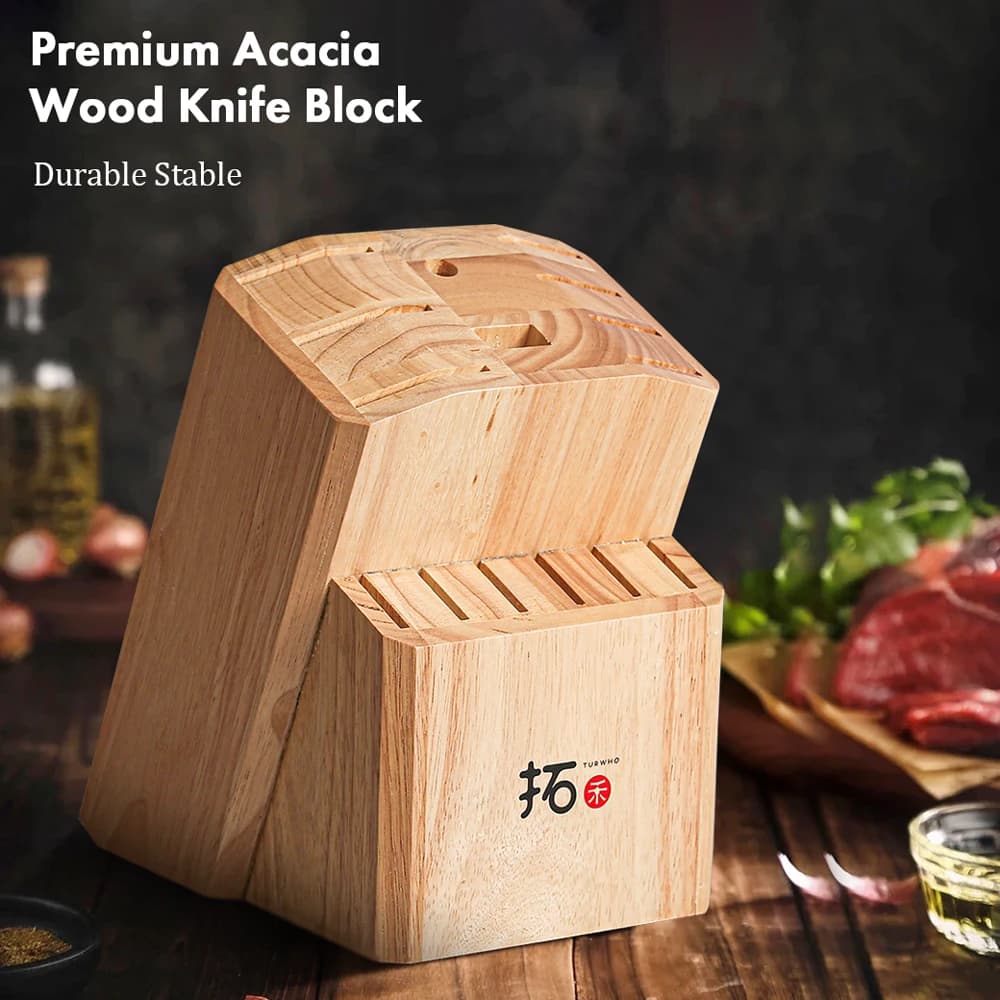 TURWHO Portacoltelli in legno massello di acacia per 15 pezzi Coltelli da cucina Set Forbici Porta asta per affilare Strumenti per riporre scaffali per blocchi di coltelli