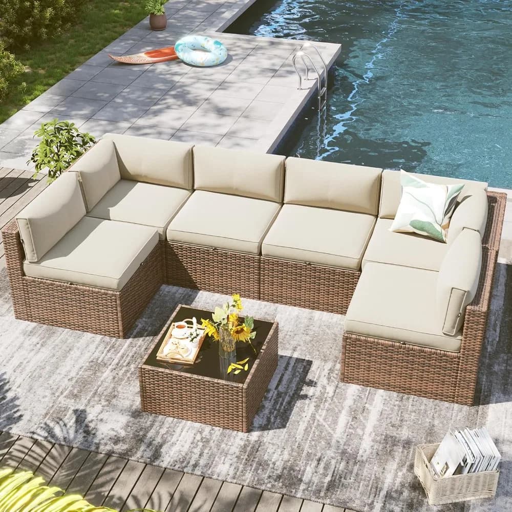 Set di Mobili da Esterno in 7 Pezzi con Tavolino, Set di Mobili da Giardino con Copertura Impermeabile, in Vimini, Personalizzabile