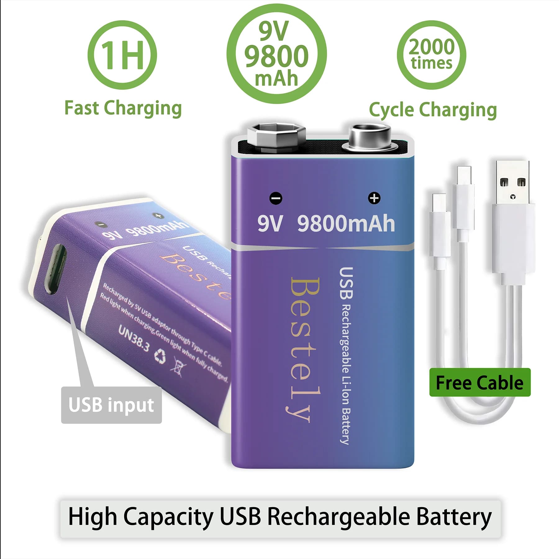 Bestely Nuove batterie al litio ricaricabili da 9 V 9800 mAh Ricarica rapida di lunga durata con cavo per rilevatore di fumo Multimetro Microfono