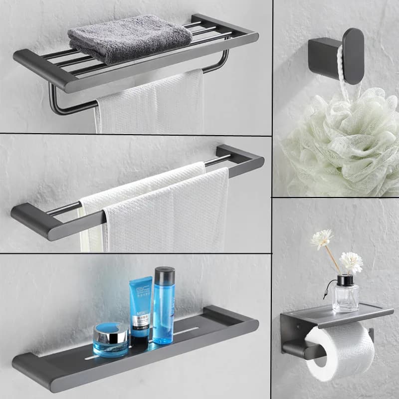 Pistola spazzolata Grigio Solido Acciaio inossidabile 304 Set di accessori per il bagno Mensola per asciugamani Porta carta Gancio Porta asciugamani Accessori per il bagno