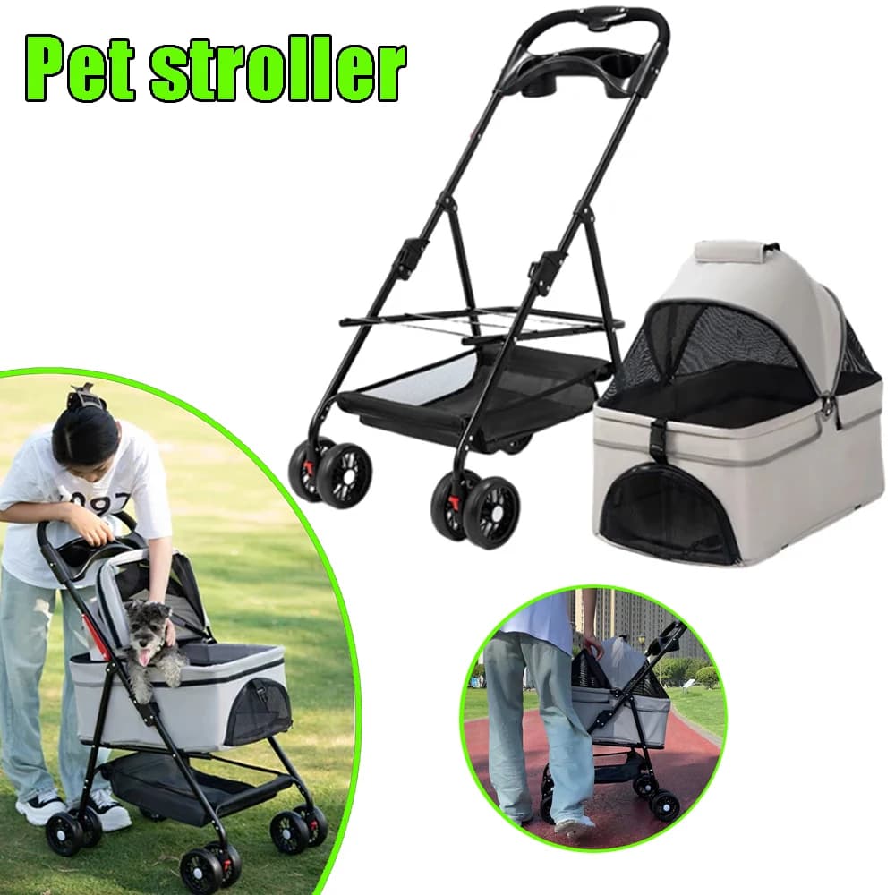Passeggino Pieghevole per Animali Domestici con Cestino Portaoggetti, Passeggino da Viaggio a 4 Ruote per Cani, Gabbia Pieghevole e Rimovibile per Cuccioli e Gatti, per Esterni