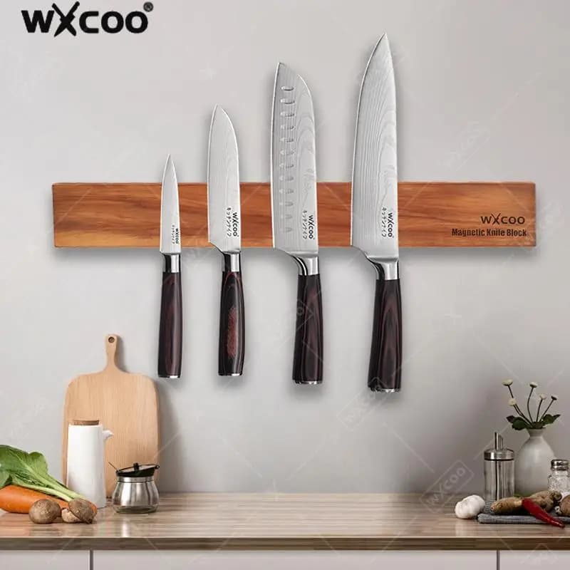 Portacoltelli magnetico in legno di acacia, robusto e potente portacoltelli, accessori da cucina, striscia magnetica per coltelli montata a parete