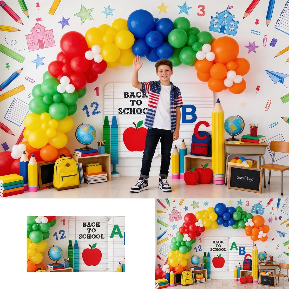 Sfondi per il Ritorno a Scuola, Palloncini, Libri Fotografici per Cake Smash, Zaini per Bambini, Sfondi per Servizi Fotografici del Primo Giorno di Scuola, Sfondi per Feste in Classe