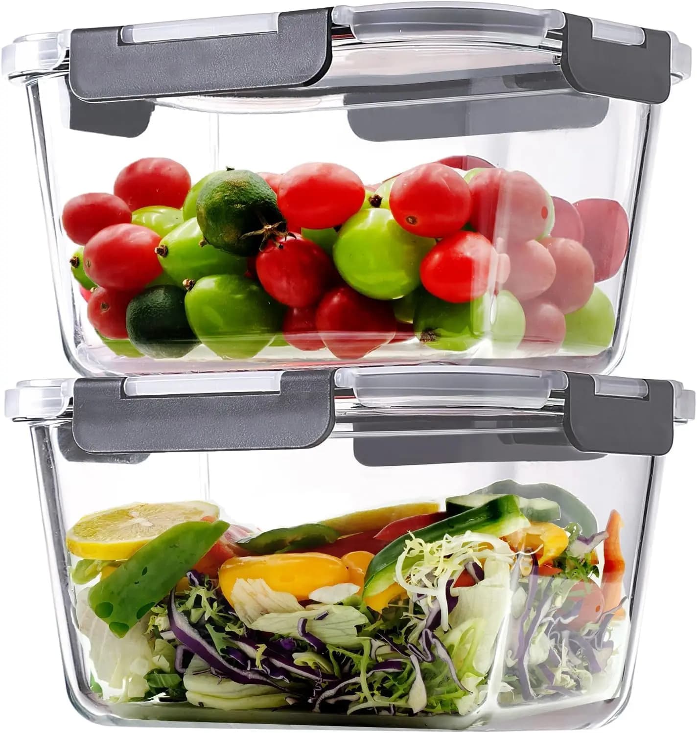 Set di 2 Grandi Contenitori in Vetro per Alimenti con Coperchi, 85oz Ermetici per Preparazione Pasti, Adatti per Congelatore, Lavastoviglie e Forno