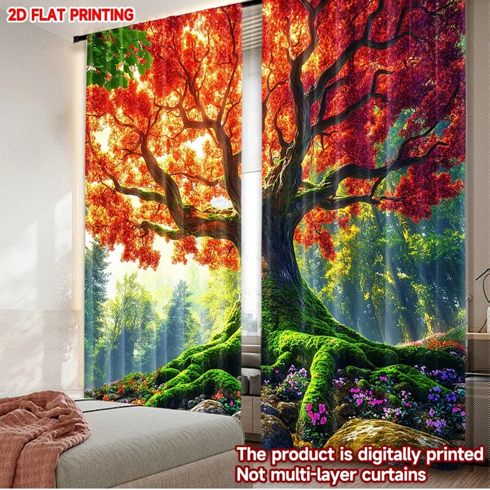 Tende 2D con stampa digitale, 2 pz, motivo Albero Autunnale Maestoso, in Poliestere, per Decorazioni Festive Familiari e per le Feste