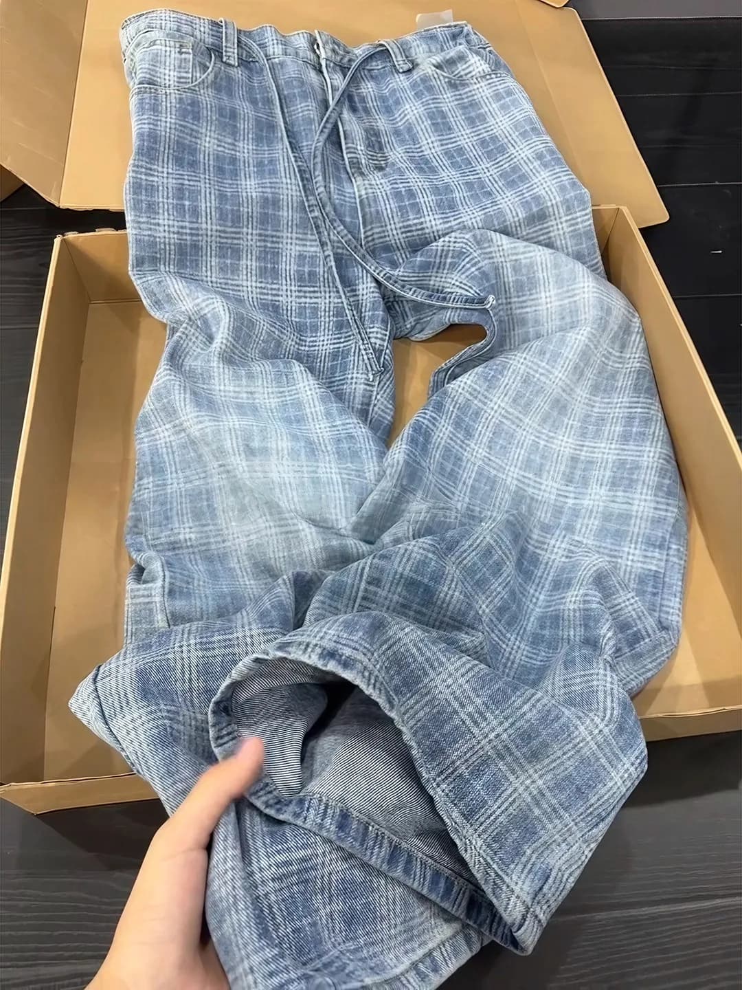 American Retro Plaid Jeans Thin Summer Men's High Waist Long Leg Lengthening Slimming Wide Leg Pants Trendy And Handsome
