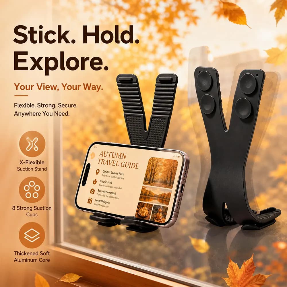 Wall Phone Stand for Mirror Suction Mount 8 Cups Strong Grip Flexible Silicone Foldable Scratch-Free Adjustable No Tools